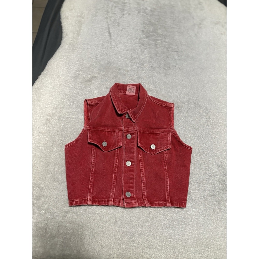 Vintage Bongo Red Denim Vest Cropped Womens Small S 17x16 Made in USA 90s Y2K